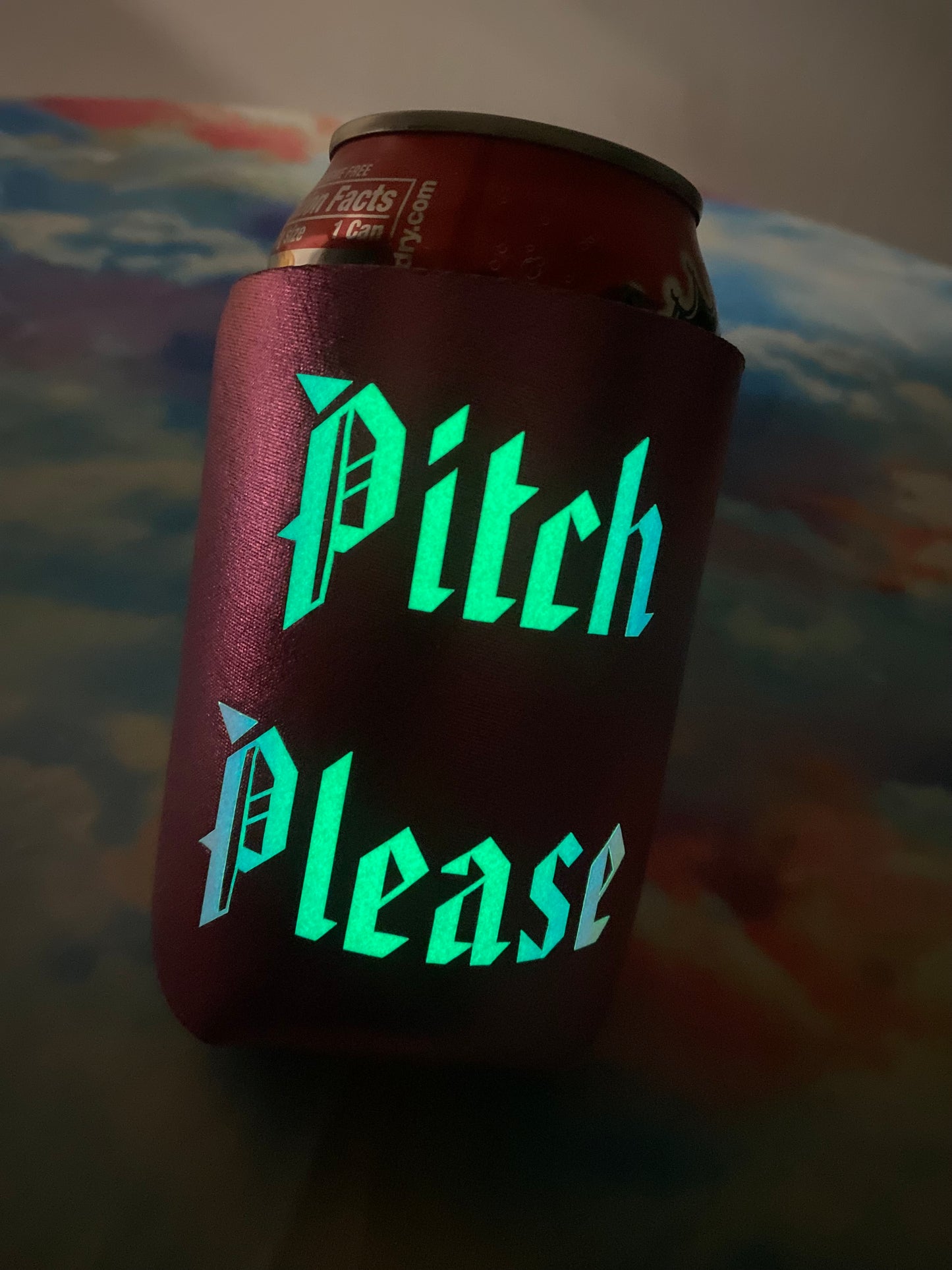 "Pitch Please" Glow-in-the-Dark / Metallic Pink Koozie